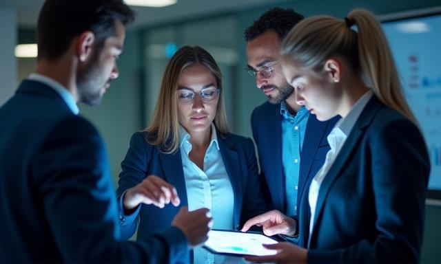 Business team analyzing market entry strategies on a digital tablet