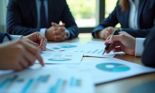Strategic business meeting with charts and graphs